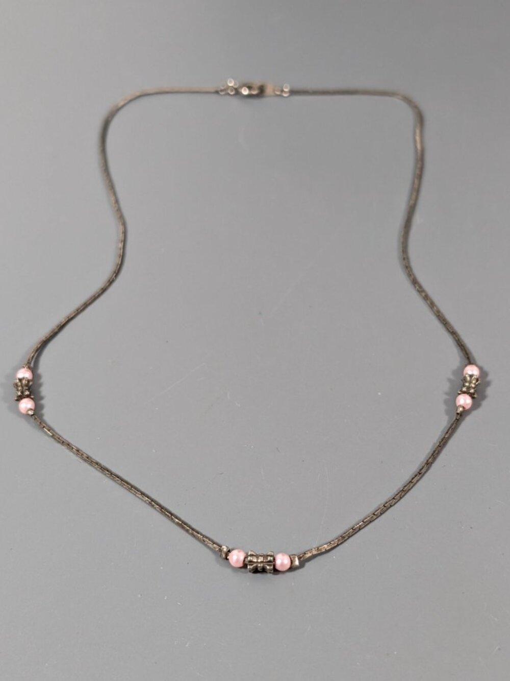 Vintage Silver Tone Pink Faux Pearl Station Chain Dainty Necklace 16"